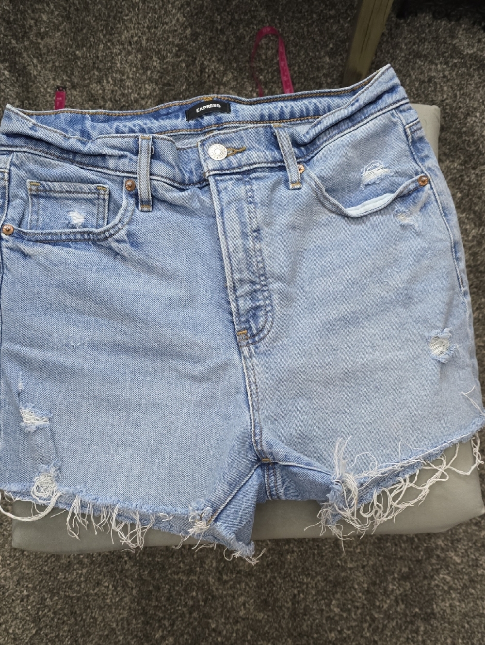 Express Light Blue Distressed High-Rise Denim Shorts